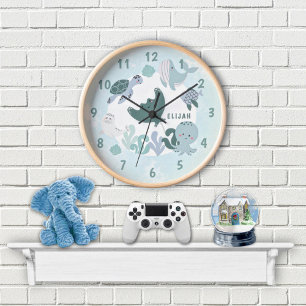 Boys Blue Under The Sea Ocean Animals & Name Kids Runde Wanduhr