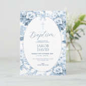 Boys Blue Vintag Floral Toile Taufe Einladung (Stehend Vorderseite)