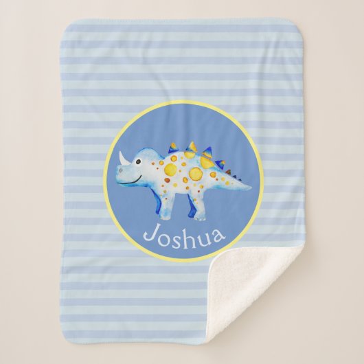 Boys Blue Watercolor Dinosaurier und Name Kinder Sherpadecke (Vorderseite)