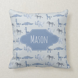 Boy's Blue Watercolor Jungle Safari Baby Kinderzim Kissen