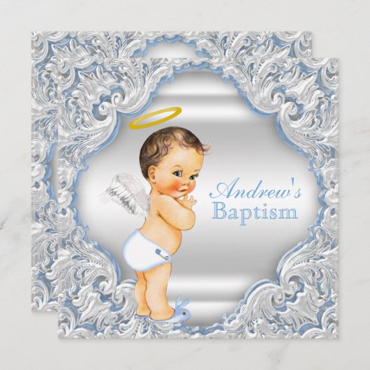 Boys Blue White Angel Boy Baby Taufe Einladung (Vorne/Hinten)
