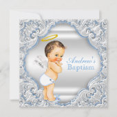 Boys Blue White Angel Boy Baby Taufe Einladung (Vorderseite)