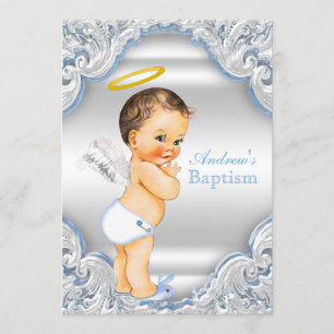 Boys Blue White Angel Boy Baby Taufe Einladung