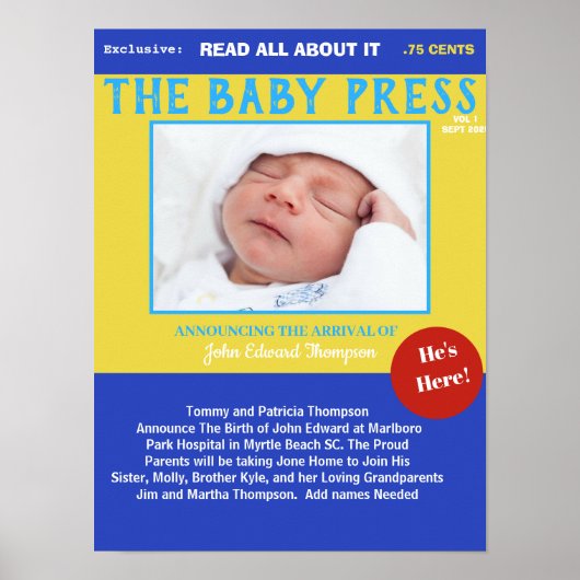 Boys Blue Yellow Keepake Foto Birth Poster (Vorne)