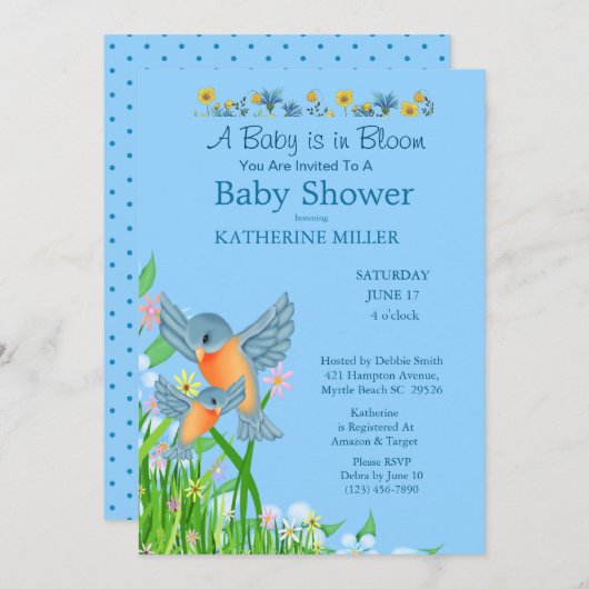 Boys Bluebirds Wildblumen Babydusche Einladung (Vorne/Hinten)