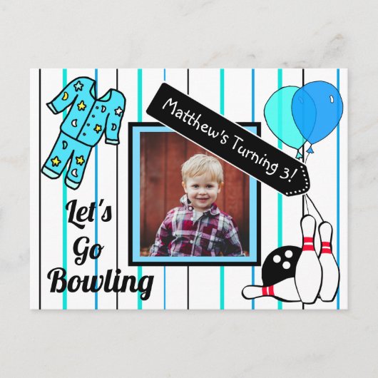 Boys Bowling Themed Birthday Party Einladung Postkarte (Vorderseite)
