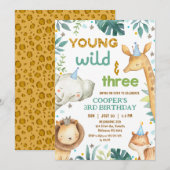 Boys Brown Cheetah Print Young Wild Three Birthday Einladung (Vorne/Hinten)