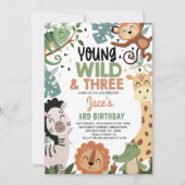 Boys Brown Green Young Wild Three 3rd Birthday Einladung (Vorderseite)