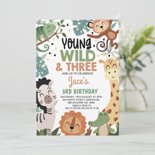 Boys Brown Green Young Wild Three 3rd Birthday Einladung (Stehend Vorderseite)