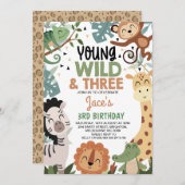 Boys Brown Green Young Wild Three 3rd Birthday Einladung (Vorne/Hinten)
