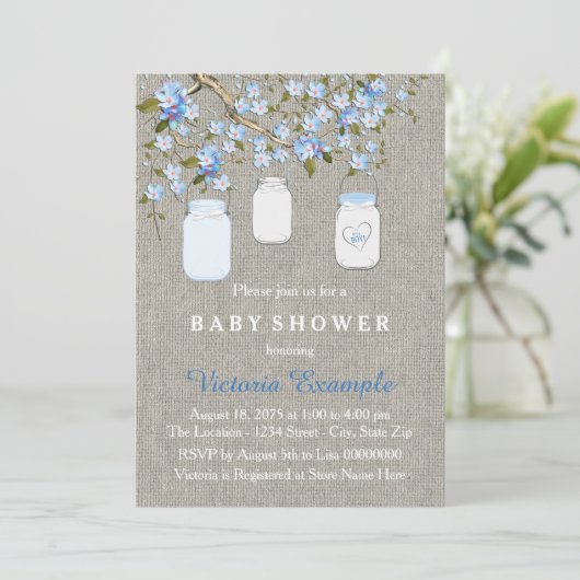 Boys Burlap Baby Dusche Einladung (Stehend Vorderseite)