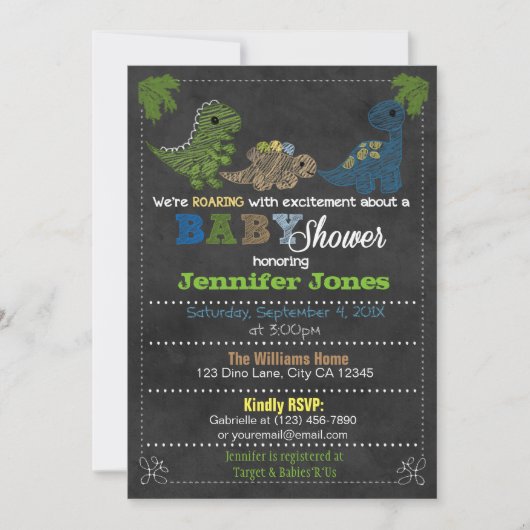 Boys Chalkboard Dinosaur Baby Shower Einladungen (Vorderseite)