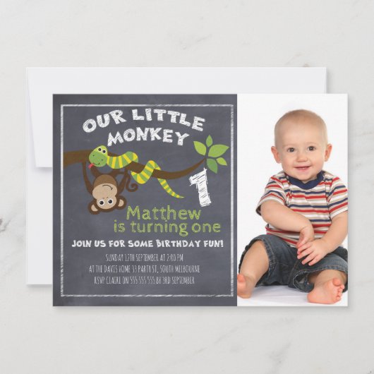 Boys Chalkboard Monkey 1. Geburtstag Einladung (Vorderseite)