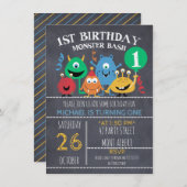 Boys Chalkboard Monster 1. Geburtstag Einladung (Vorne/Hinten)