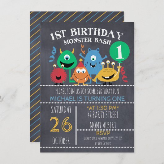 Boys Chalkboard Monster 1. Geburtstag Einladung (Vorne/Hinten)