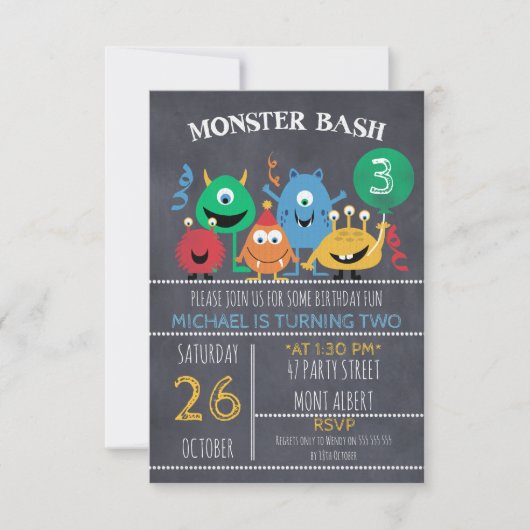 Boys Chalkboard Monster Bash Birthday Einladung (Vorderseite)