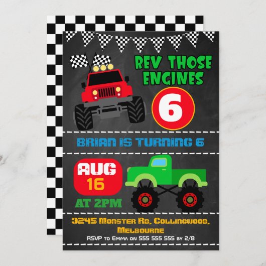 Boys chalkboard Monster Trucks Geburtstagseinladun Einladung (Vorne/Hinten)