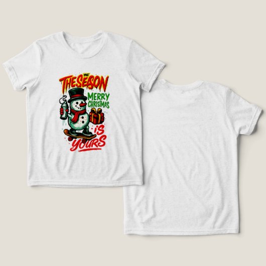 Boys’ Christmas Snowman Cool Holiday Tri-Blend Shirt (Design Vorderseite & Rückseite)