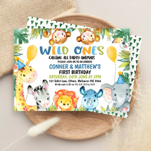Boys Colorful Twins Wild Ones Safari 1. Geburtstag Einladung