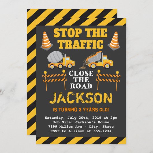 Boys Construction Birthday Party Einladung (Vorne/Hinten)
