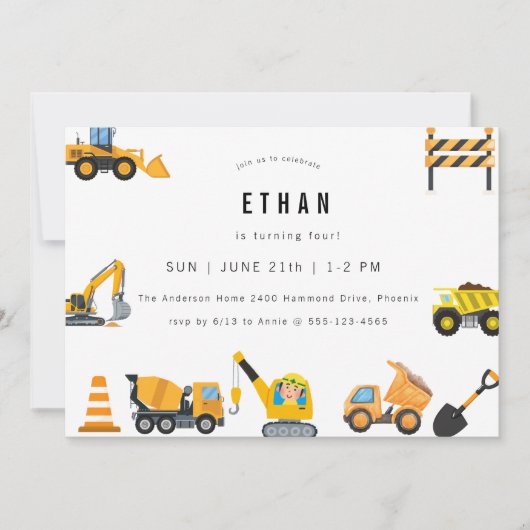 Boys Construction Birthday Party Theme Einladung (Vorderseite)