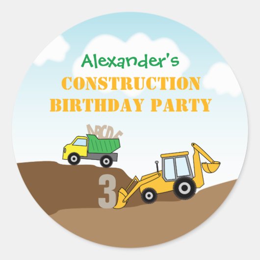 Boy's Construction Digger Dump TruckBirthday Party Runder Aufkleber (Vorderseite)
