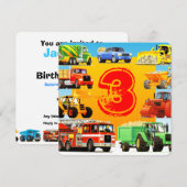 Boy's Construction Truck Thema 3. Geburtstag Party Einladung (Vorne/Hinten)
