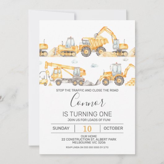 Boys Construction Vehicles Einladung Geburtstag (Vorderseite)
