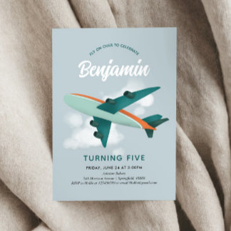 Boys Cool Blue Airplane Reise 5. Geburtstag Einladung