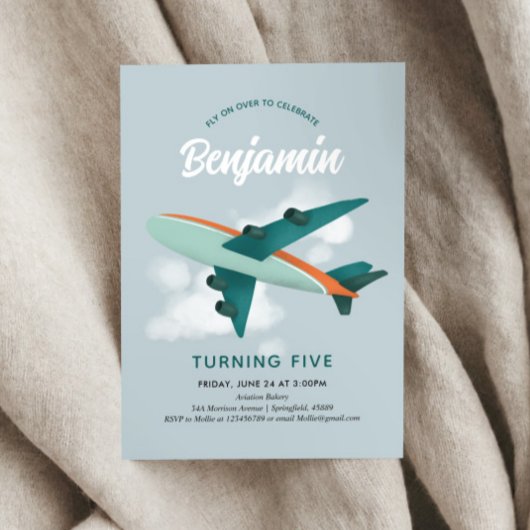 Boys Cool Blue Airplane Reise 5. Geburtstag Einladung