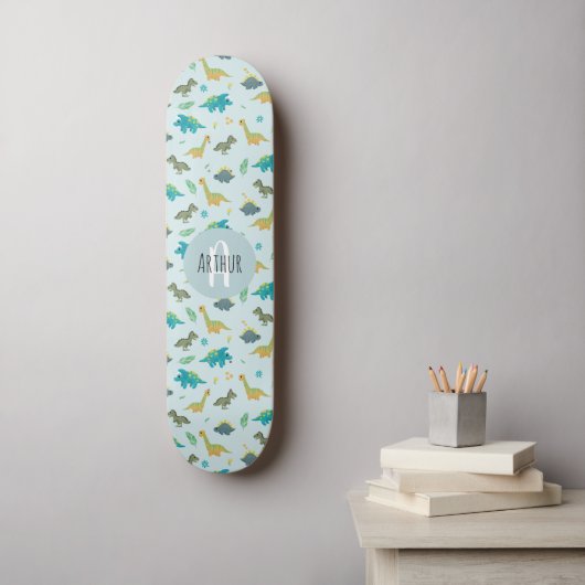 Boys Cool Blue Dinosaur Pattern Kids Skateboard (Wandkunst)