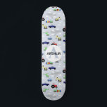 Boys Cool Blue Modern Transport Car Muster Kids Skateboard<br><div class="desc">Dieses moderne und coole Kinderskateboard-Design zeichnet sich durch ein akustisches Transportmuster aus,  mit Autos,  Flugzeugen,  Hubschraubern und Baggern auf blauem Hintergrund,  und kann mit Ihrem Jungs-Namen und Monogramm personalisiert sein. Das perfekte Geschenk für jeden Skateboardfans.</div>