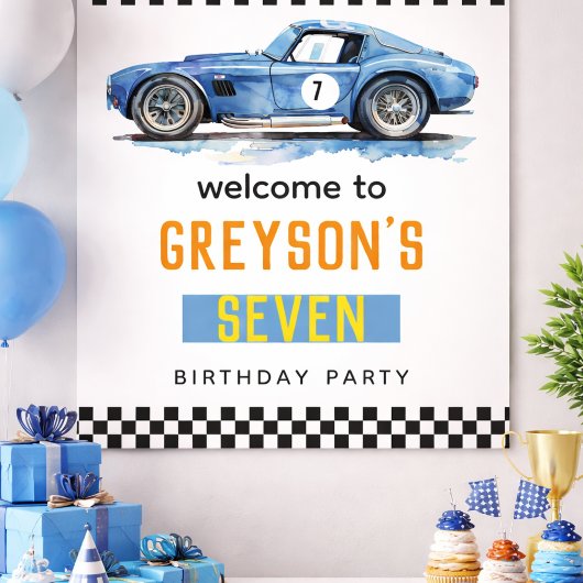 Boys Cool Blue Racing Car Kindergeburtstag Poster