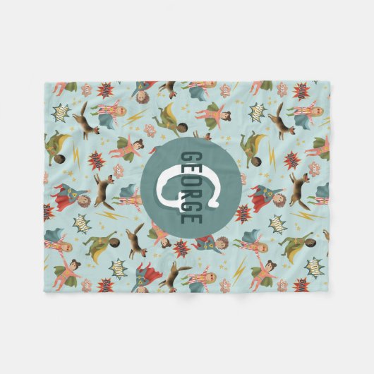 Boys Cool Superhero Muster Monogram Name Kids Fleecedecke (Vorderseite (Horizontal))