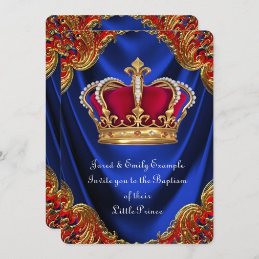 Boys Crown Prince Taufe Royal Blue Satin Einladung (Vorne/Hinten)
