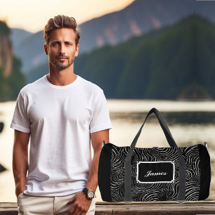 Boys Curly Windy Wavy White Pattern Monogram Black Duffle Bag