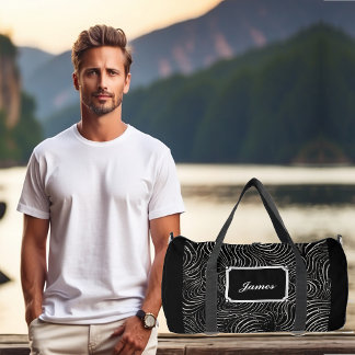 Boys Curly Windy Wavy White Pattern Monogram Black Duffle Bag