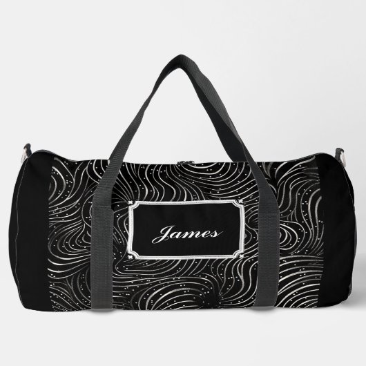 Boys Curly Windy Wavy White Pattern Monogram Black Duffle Bag (Vorderseite)