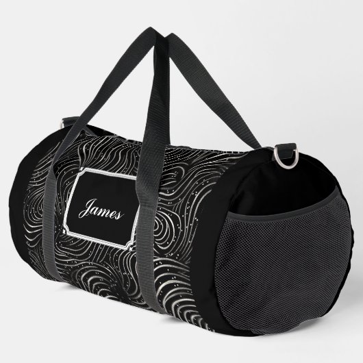 Boys Curly Windy Wavy White Pattern Monogram Black Duffle Bag (Rechte Ecke)