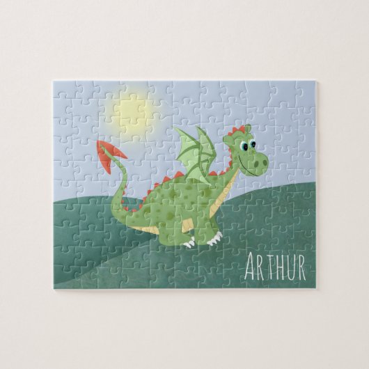 Boys Cute and Magical Green Dragon and Name Puzzle (Horizontal)