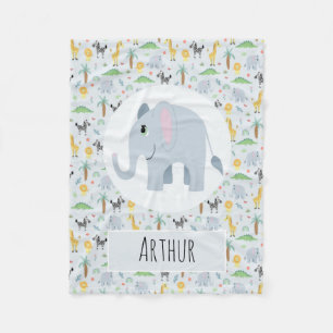 Boys Cute Blue Elephant & Safari Pattern Name Kids Fleecedecke