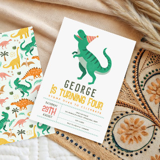 Boys Cute T Rex Dinosaur Kids 4th Birthday Einladung