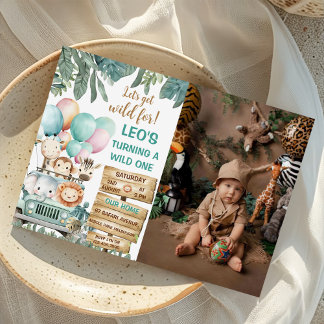 Boys Cute Wild One Safari 1st Birthday Photo Einladung
