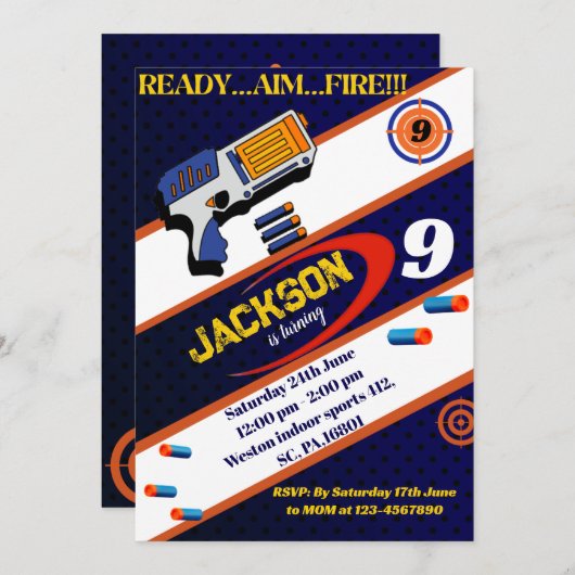 Boys Dart Gun Birthday Party Einladung (Vorne/Hinten)
