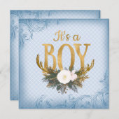 Boys Deer Antler Baby Dusche Blau und Gold Einladung (Vorne/Hinten)