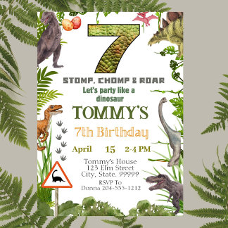 Boys Dinosaur 7. Geburtstagsparty Einladung