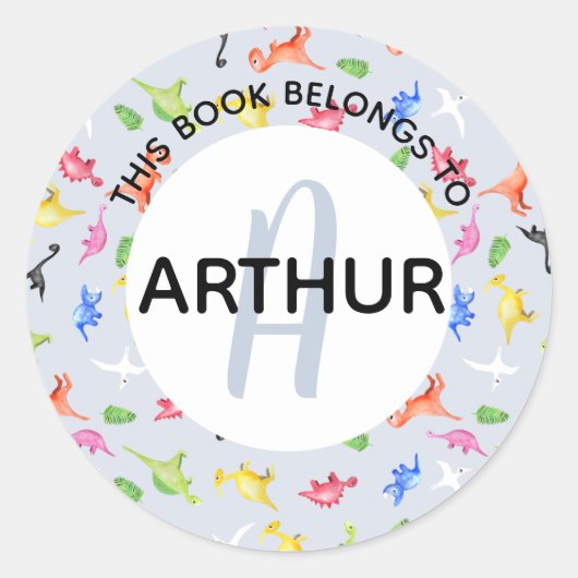 Boys Dinosaur Monogramm und Name Buchzeichen Runder Aufkleber (Vorderseite)