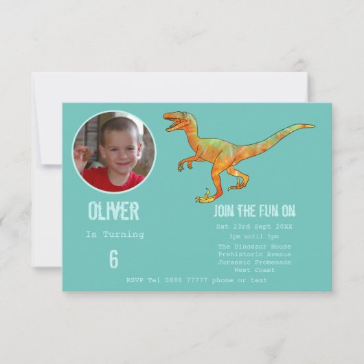 Boys Dinosaur Velociraptor 6th Birthday Party Aqua Einladung (Vorderseite)