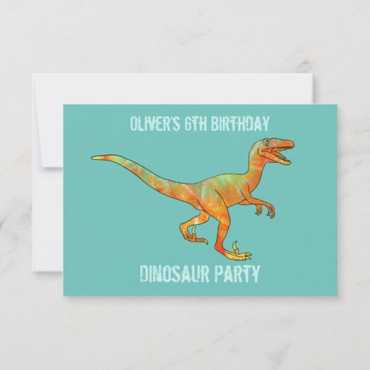 Boys Dinosaur Velociraptor 6th Birthday Party Aqua Einladung (Rückseite)