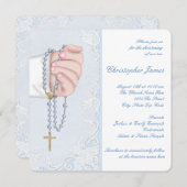 Boys Elegant Baby Blue Rosary Christening Einladung (Vorne/Hinten)